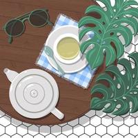 Teapot, tea cup, glasses and spoon on the table. Trendy top down view illustration with monstera plant and tile floor. Modern minimalistic hand drawn cafe space design for web card, banner. vector