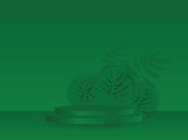 Cylindrical podium on a green background. Minimal green scene with geometric shapes and palm leaves. 3D stage for displaying a product vector