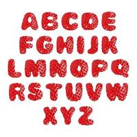 Strawberry font, set of letters. English alphabet. Alphabetical character with strawberry texture. Character representing one or more of the sounds used in speech. Decorative fruit font. Vector. vector