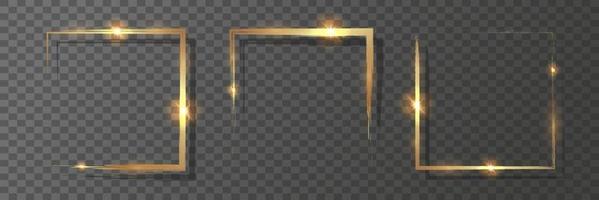 Golden square borders with metallic glitter. Set of decorative frames in the shape of a square. Gold borders. Vector illustration.