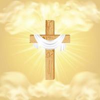 Easter. Christian wooden cross with a shroud on the background of divine sunlight, sky, clouds. Religious symbol of faith. Postcard with Palm Sunday, Easter, Resurrection of Christ.Vector illustration vector
