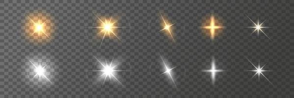 antecedentes con brillante luces. conjunto de brillante reflejos, estrellas, bengalas solar dorado destello efecto en oscuro antecedentes. colección de oro y plata lentejuelas vector ilustración.