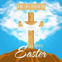 Happy Easter. Religious design with a wooden cross on Calvary in rays of divine light and blue sky. He is Risen. Happy Easter. Vector illustration.