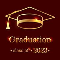 Graduation background with decorative gold elements and congratulations text on a dark red background. Stylish design related to graduation. Vector illustration.