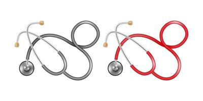 Two stethoscopes with black and red tubes on a white background. Medical device for listening to the heart, breathing, pulse, pressure measurement. Vector illustration.