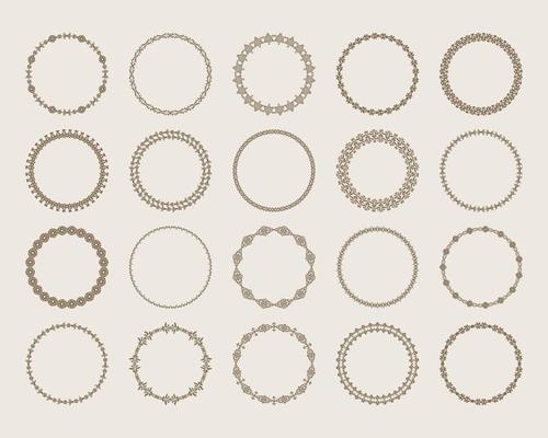 Large set of decorative ornament borders. Elegant abstract round patterned borders. Set of circular vintage frames. Vector.