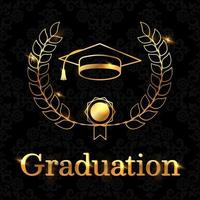 Congratulatory poster for the graduate on a black background with a golden font, a student hat and a diploma scroll. Perfect for decorating graduation events. Vector illustration.