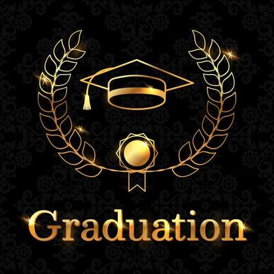 Congratulatory poster for the graduate on a black background with a golden font, a student hat and a diploma scroll. Perfect for decorating graduation events. Vector illustration.