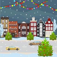 paisaje urbano de navidad y feliz año nuevo celebrando las vacaciones de invierno. calle de la ciudad de construcción antigua de dibujos animados en estilo plano. ilustración vectorial vector