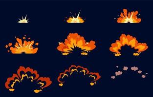 Bomb explosion icon set step-by-step animation with boom effect on black background. Cartoon comic dynamite flame for app. Vector illustration