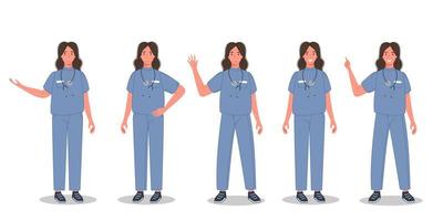 Male doctor set in different pose. Group of medical professional workers in sanitary uniform. Man physician character standing in line. Vector illustration