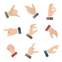 Collection empty hands showing different gestures. 9 icons set isolated on white background. Vector hand illustration