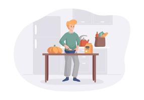 adorable hombre Cocinando en cocina mesa. dibujos animados masculino personaje haciendo almuerzo o cena. culinario pasatiempo vector concepto. frente ver interior escena en plano estilo