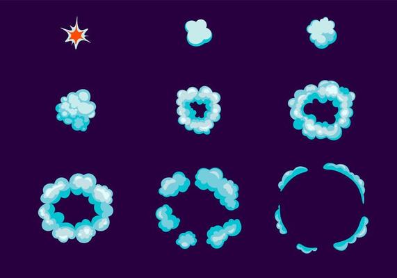 Top view bomb explosion icon set step-by-step animation with boom effect on black background. Cartoon comic dynamite flame for app. Vector illustration