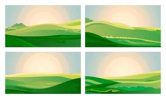 Summer green landscape field dawn above hills with grass. Sunrise in countryside. Cartoon eco farm park. Vector illustration nature backdrop