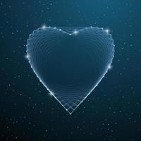 Valentines Day polygonal heart shape with dots, lines and stars on blue night sky. Vector illustration wireframe digital heart template for Valentine Day