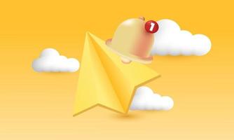 illustration realistic vector icon minimal paper plane bell notification message 3d creative isolated on background