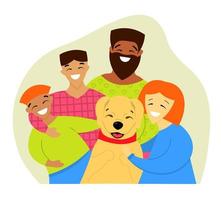 contento familia jugando y abrazando con un perro. activo Días festivos con mascotas. Moda vector ilustración en plano estilo. mezclado familia.