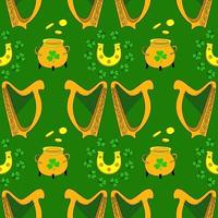 Cool trendy pattern with clover. Irish harp. Hand-drawn seamless pattern. Cute saint patrick fashion print. vector