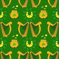 Cool trendy pattern with clover. Irish harp. Hand-drawn seamless pattern. Cute saint patrick fashion print. vector