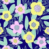 Cool trendy pattern with flowers. Bright yellow and pink flowers on a dark blue background. Hand-drawn seamless pattern. Cute childish fashion print. vector