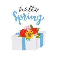 Hola primavera con regalo caja y flores vector