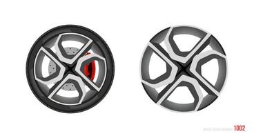 Realistic car rim. Wheel and rim symbol in modern and flat style. Vector illustration of car element for web and mobile design. Isolated on white background.