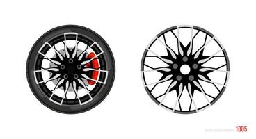 Realistic car rim. Wheel and rim symbol in modern and flat style. Vector illustration of car element for web and mobile design. Isolated on white background.