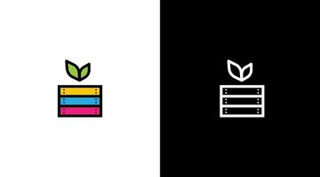 Vegetable vegan box logo vector with green leaf black and white icon style Design template