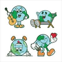 Set of Cute Retro Earth Mascot, Retro Earth Day Mascot vector Illustration