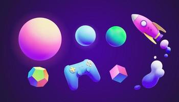 3d futuristic neon gradient object collection, including sphere, space rocket, game controller, polyhedron, cube and fluid bubbles. vector