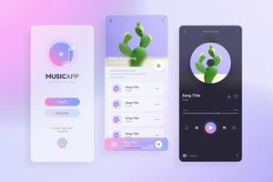 3d holographic glassmorphism music ui interface kit for mobile phone app, including login, playlist and playing page. vector