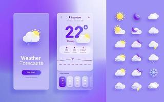 3d glassmorphism weather forecast app template. Mobile interface template. Weather icons set isolated on blue background. vector