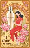 Mucha style skincare product ad.  Illustration of 3D Facial essence bottle with Asian goddess in decorative new art style vector
