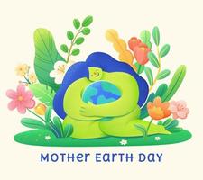 Earth Day or Arbor Day illustration of mother nature hugging the planet and surrounded by green plants and flowers. Concept of environmental protection. vector