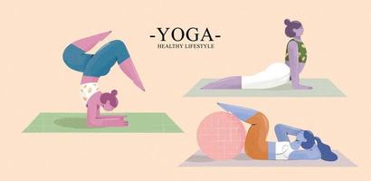 People character illustration set of young women doing different yoga poses. vector