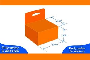 Mobile charger snap bottom lock box 2.5x2.5x1.5 in box dieline template and 3D box vector