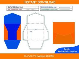 Wedding envelope packaging 10.5x10.5 inch dieline template and 3D envelope design Box dieline and 3D box vector