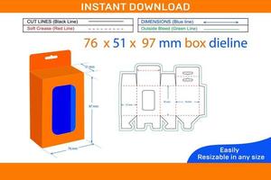 Mobile charger bottom snap lock box, Hanging window 76 x 51 x 97 mm box dieline template Box dieline and 3D box vector