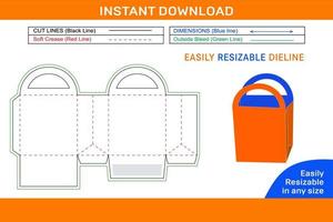 Shoping bag style box with rounded handle dieline template and 3D box design vector