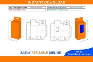 Bottom snap lock hanging window mobile charger box, 2x1.5x3.5 box dieline template and 3D box Box dieline and 3D box vector