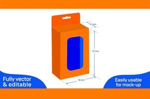 Mobile charger bottom snap lock box, Hanging window 76 x 51 x 97 mm box dieline template 3D box vector