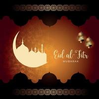 Luxurious Eid al fitr Mubarak greeting design template with arabic calligraphy, crescent moon and futuristic lantern. Free Vector