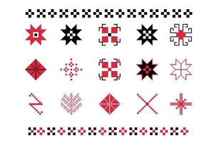 Set of geometric figures of ethnic embroidery. Seamless pattern of tribal embroidery. Ukrainian pattern. Ethnic ornament. Cross-stitch. Repeating lines. Vector illustration on a white background.