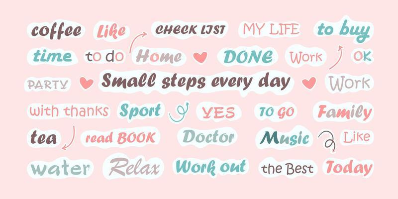 Set of sticker words for planner journal diary school notebook scrapbook and weekly calendar. Rainbow words. Vector illustration.