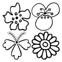 bosquejo garabato contorno flores. dibujo a mano de brotes de plantas durante la floración. siluetas de pétalos. vector aislado.