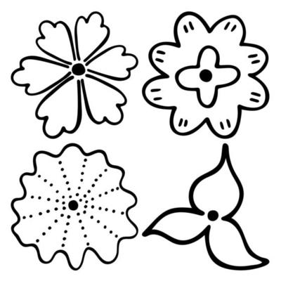 Sketch doodle outline flowers. Hand drawn drawing of plant buds during flowering. Petal silhouettes. Isolated vector.