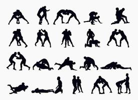 Set black silhouettes athlete wrestler in wrestling, duel, fight. Greco Roman  wrestling, martial art vector