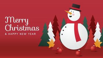 Christmas card background with a snowman and Christmas tree. Using red background. Suitable to use on Christmas event. vector
