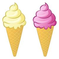 Ice Cream in a Waffle Cone on a White Background. Vector illustration - Vanilla and Strawberry Flavor Ice Cream Cone